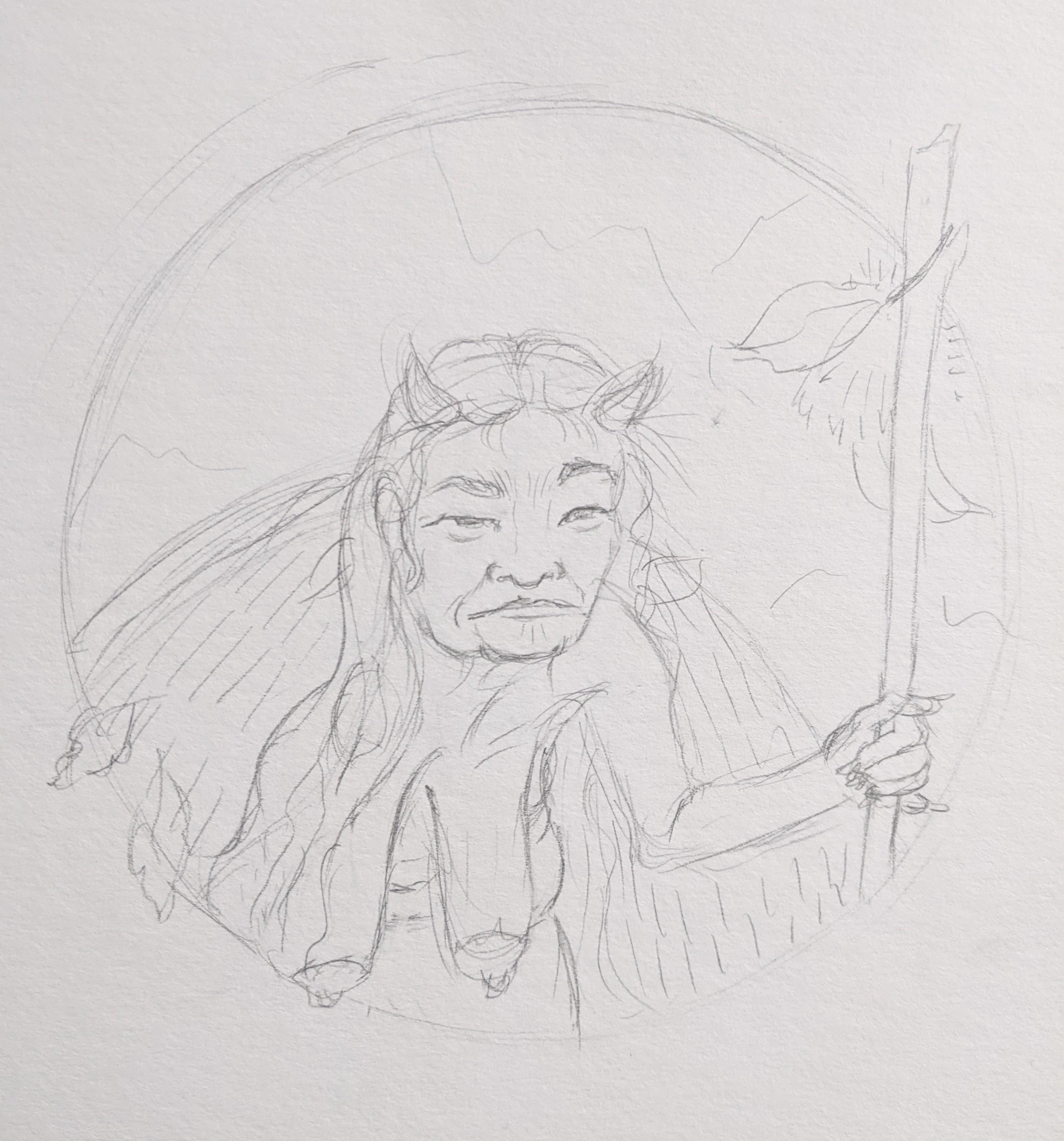 pencil sketch of an old asian woman hunched over with a walking stick. she has long tangled hair and her long breasts are hanging out