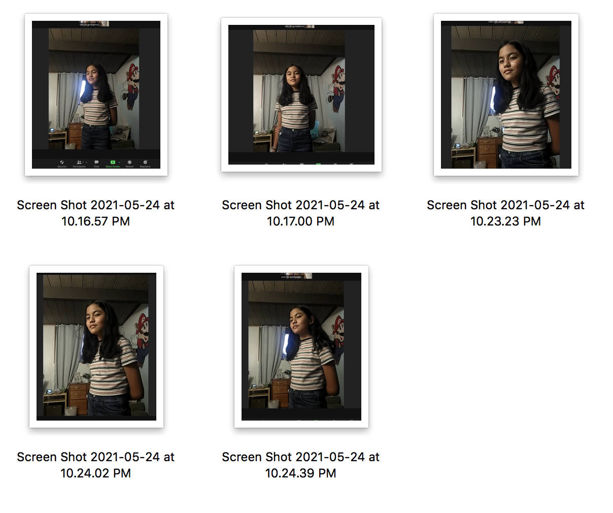 screenshot of thumbnail images of my cousin lia, age 11 posing for the amabie. Images are timestamped from May 2021