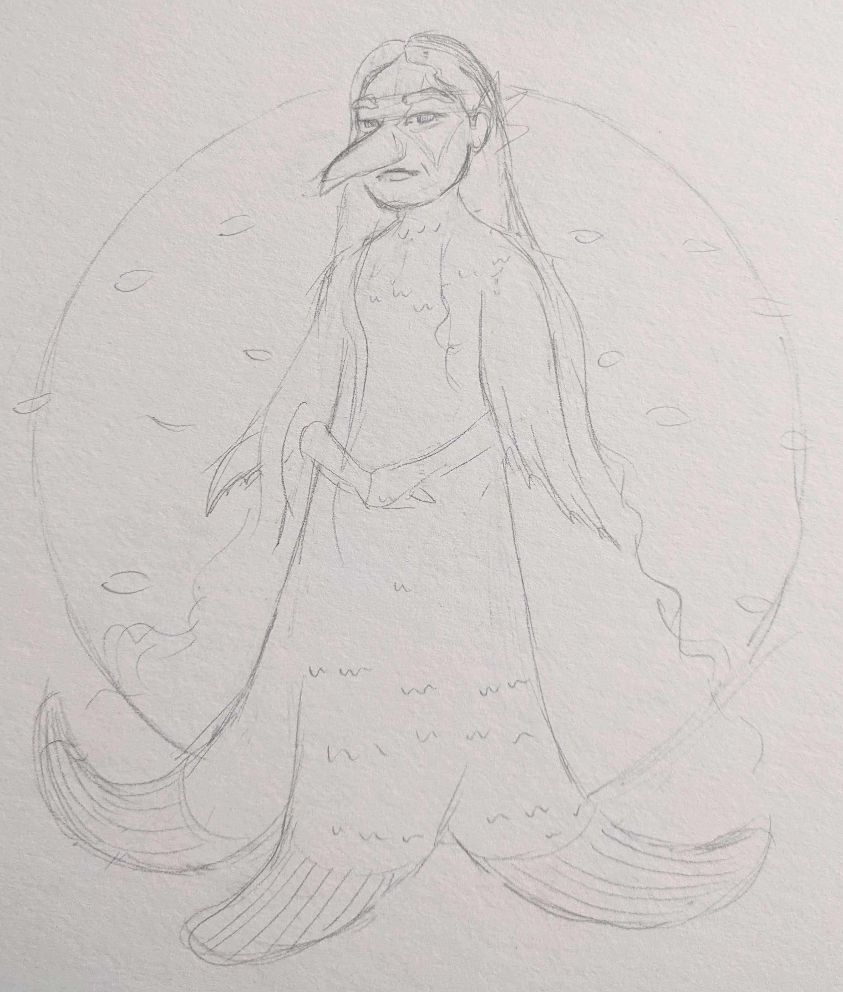 pencil sketch of a young girl with 3 fishy fins instead of feet. She has a beak and long wavy hair.