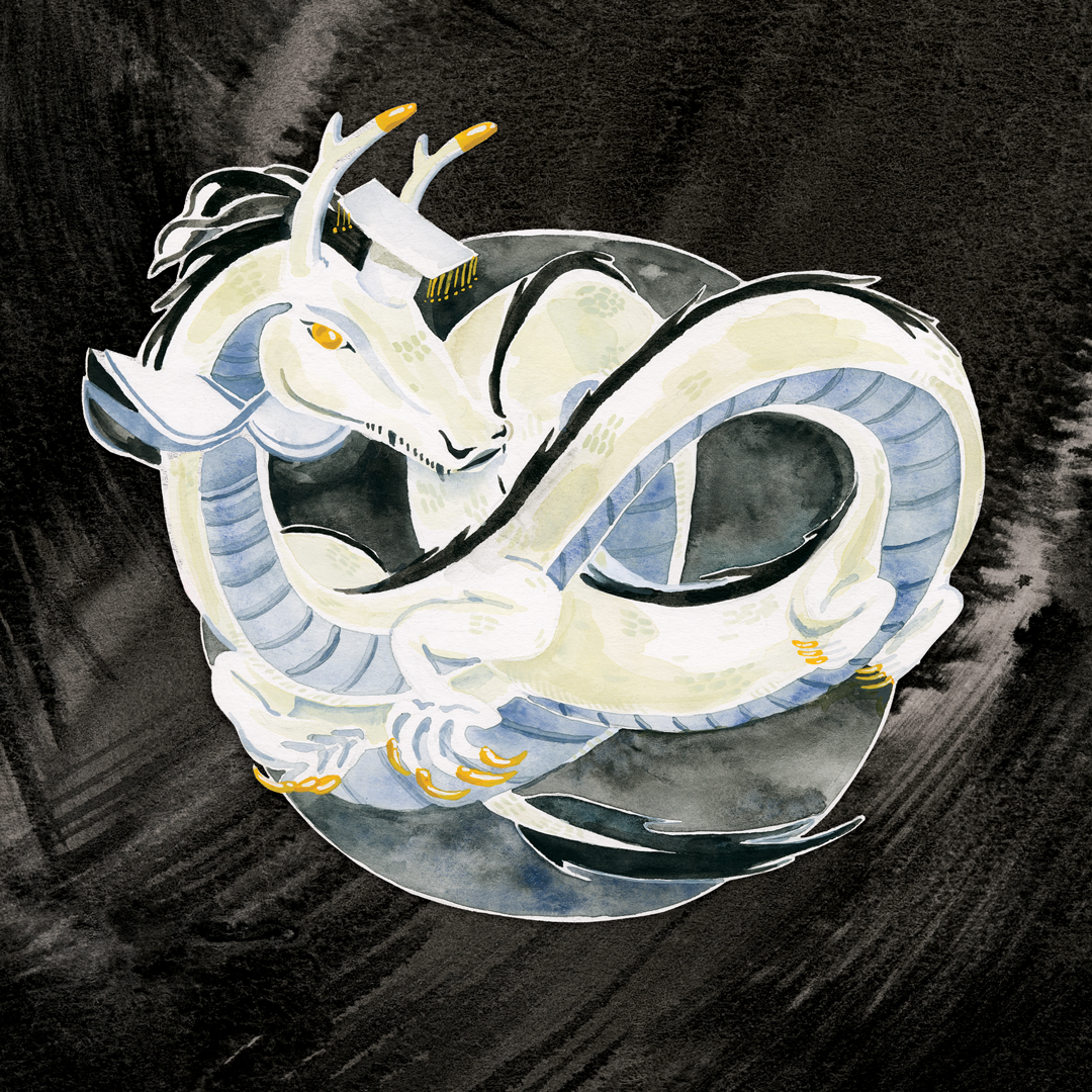 watercolor and gouache painting of a white dragon, long and snakelike with 4 fingers on each hand