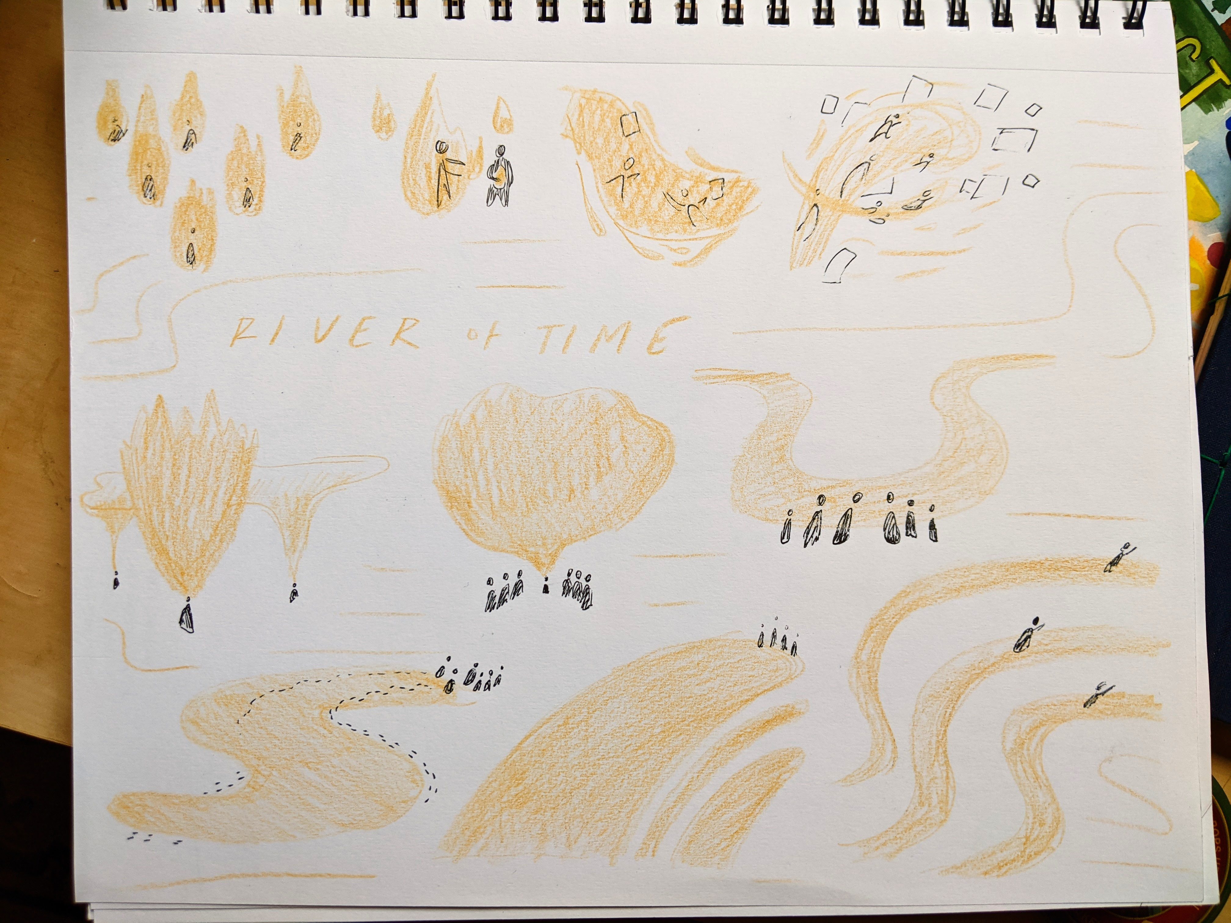 sketchbook page labeled 'River of Time' with sketches of icons with small figures and watery/wavey shapes