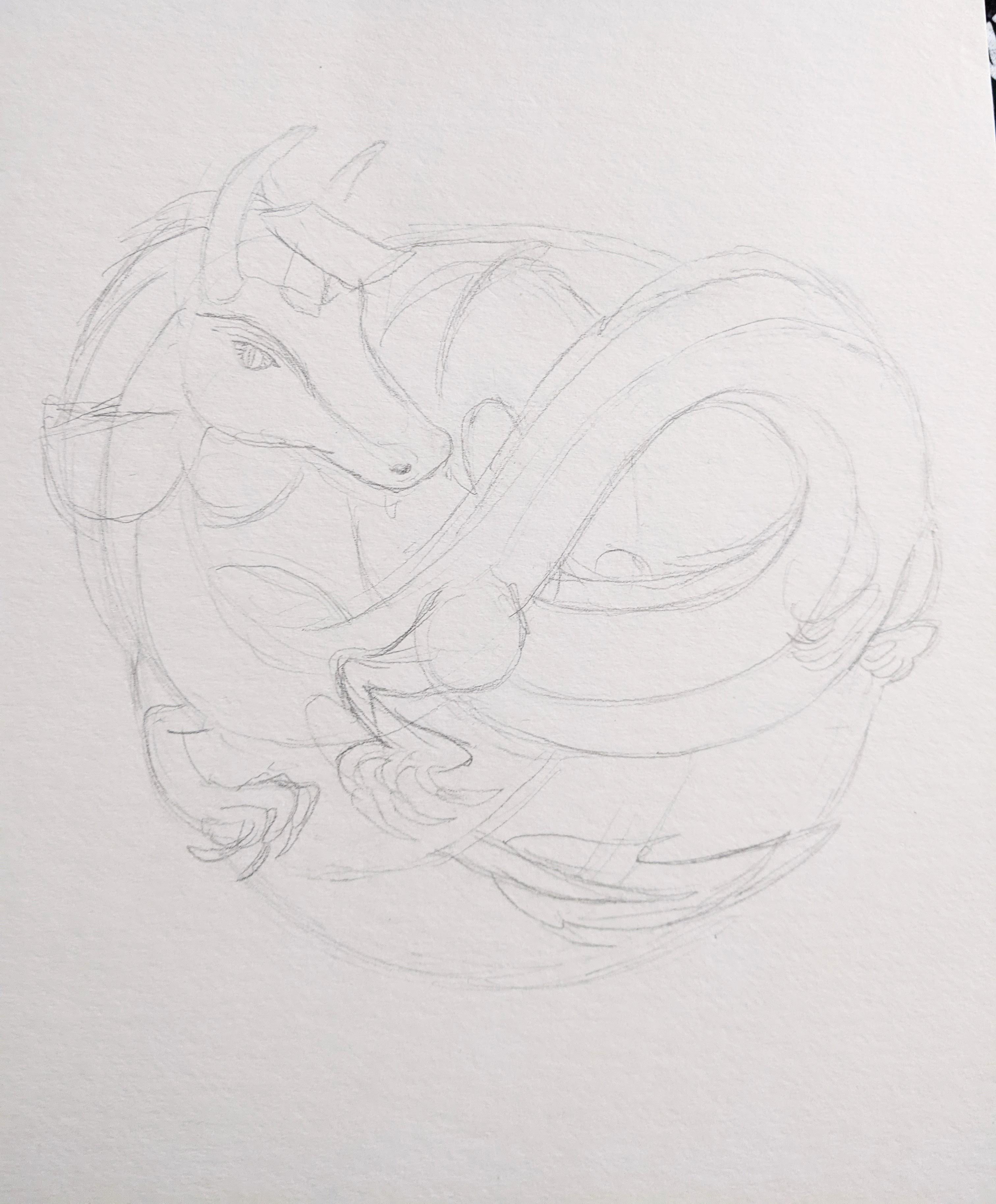 pencil sketch of a winding snaking dragon with a chinese scholar hat