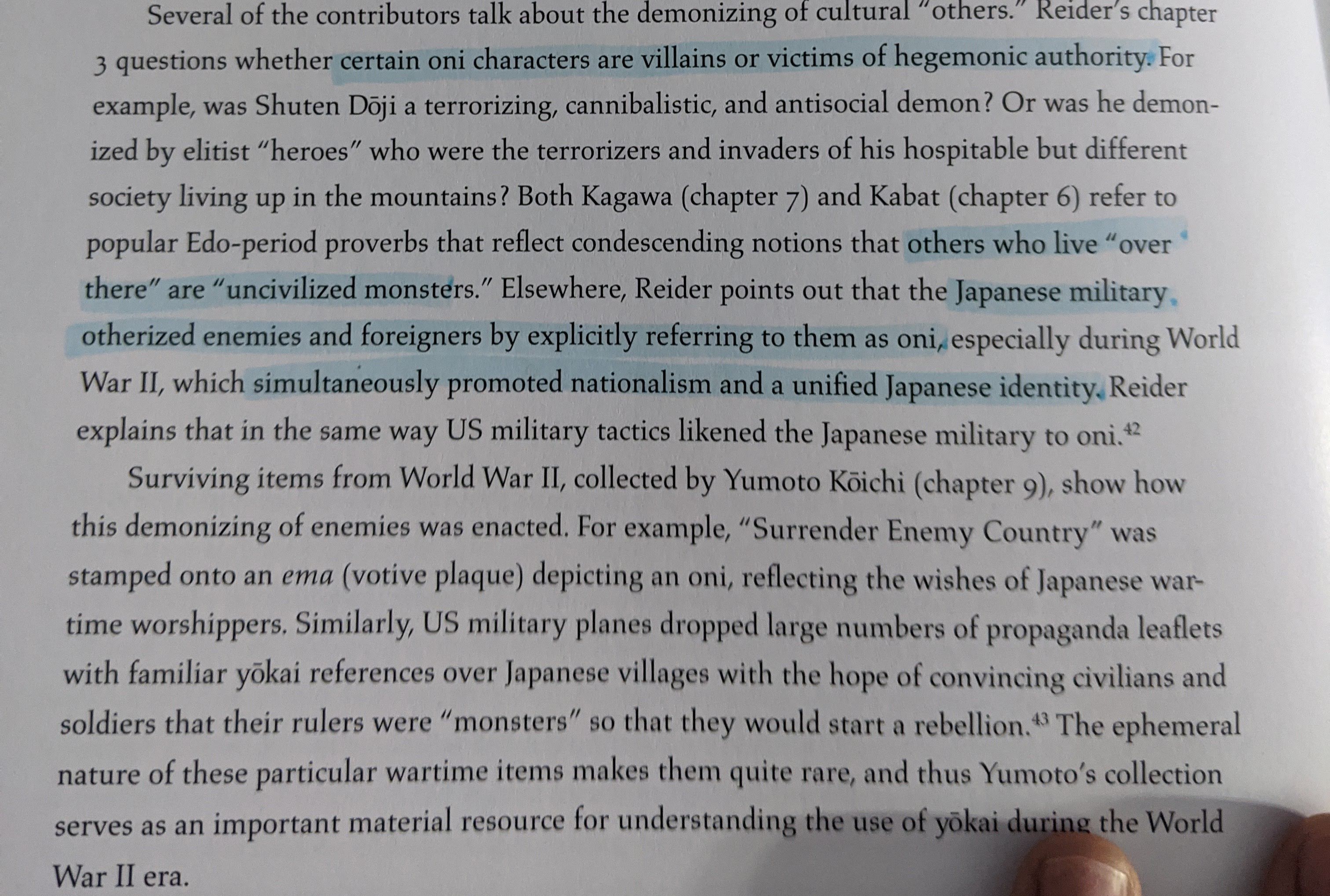Picture of a page from Yokai edited by Katz-Harris. The text is talking very widely about oni and how it was used by the us and japanse military during wartime and ww2.
