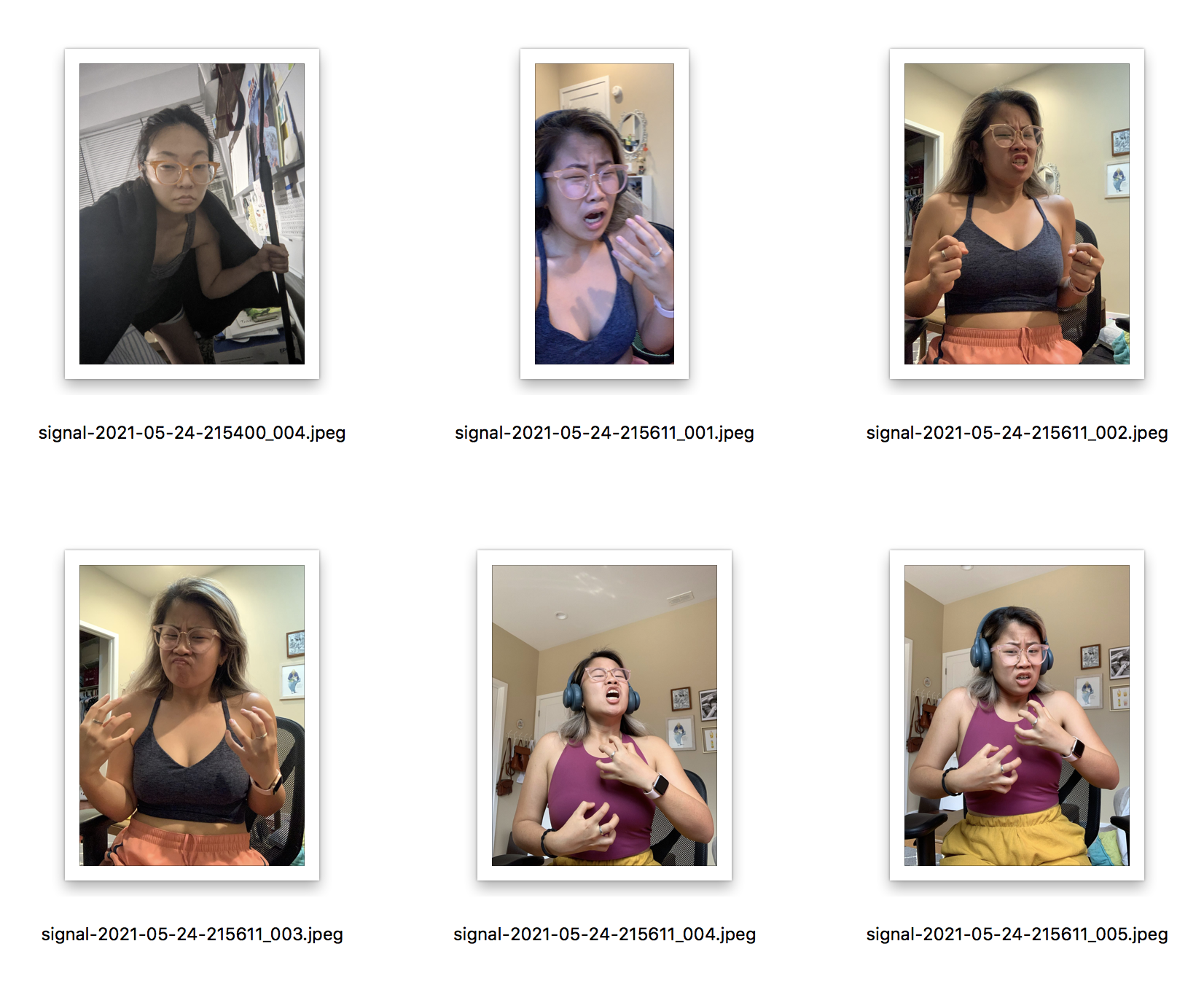 screenshot of thumbnail images of me posing my hands clawed in front of my chest, pictures of kristi in different wailing poses