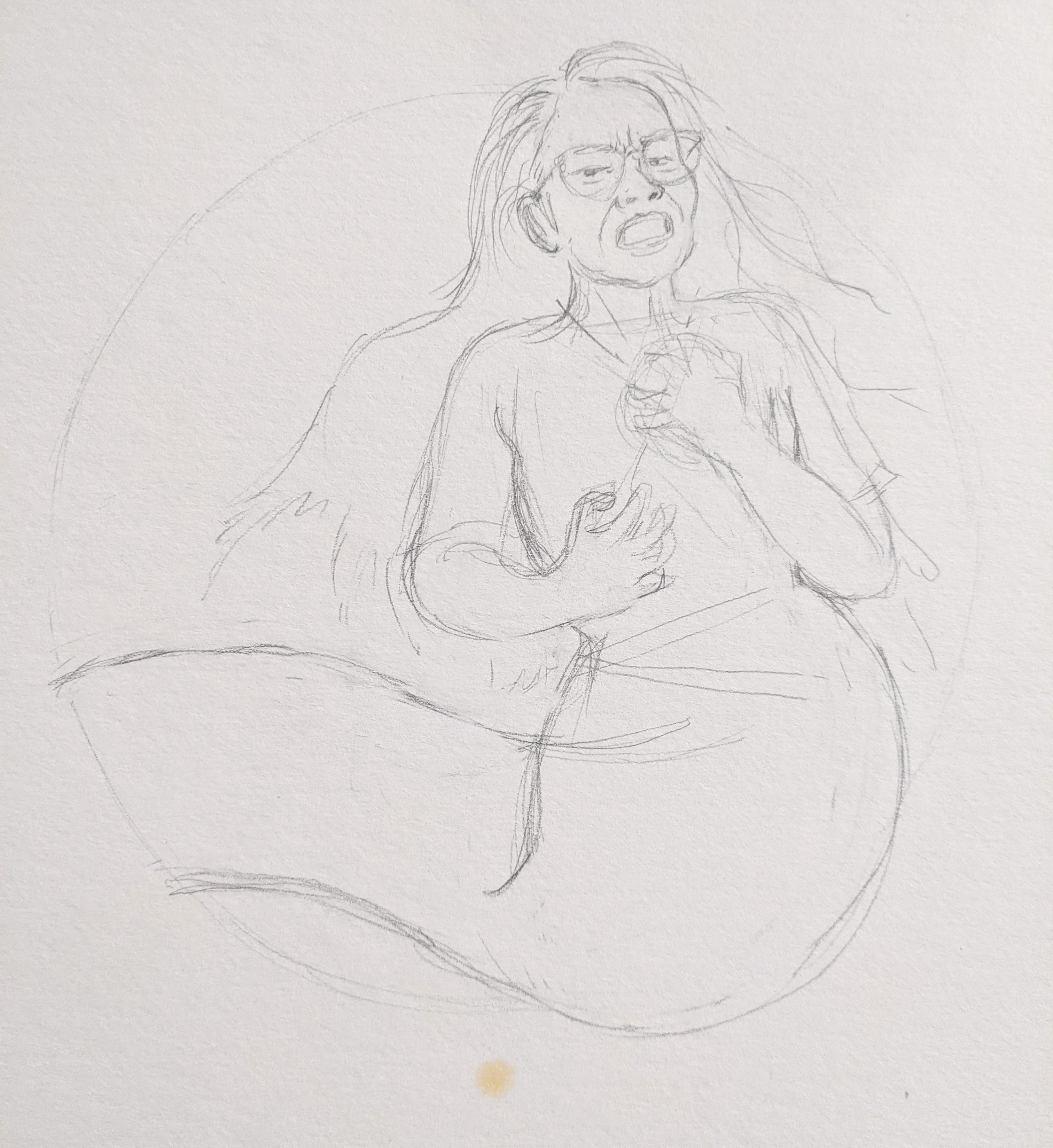 pencil sketch of a female ghost clutching her chest