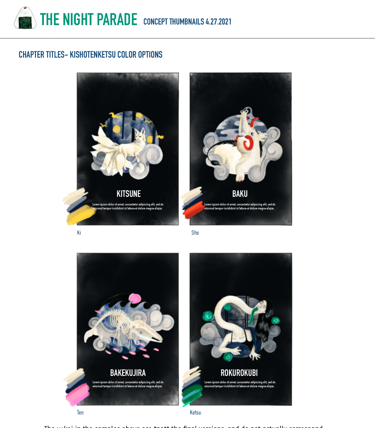 Screenshot of 4 thumbnail images of yokai illustrations with colors scribbled on them